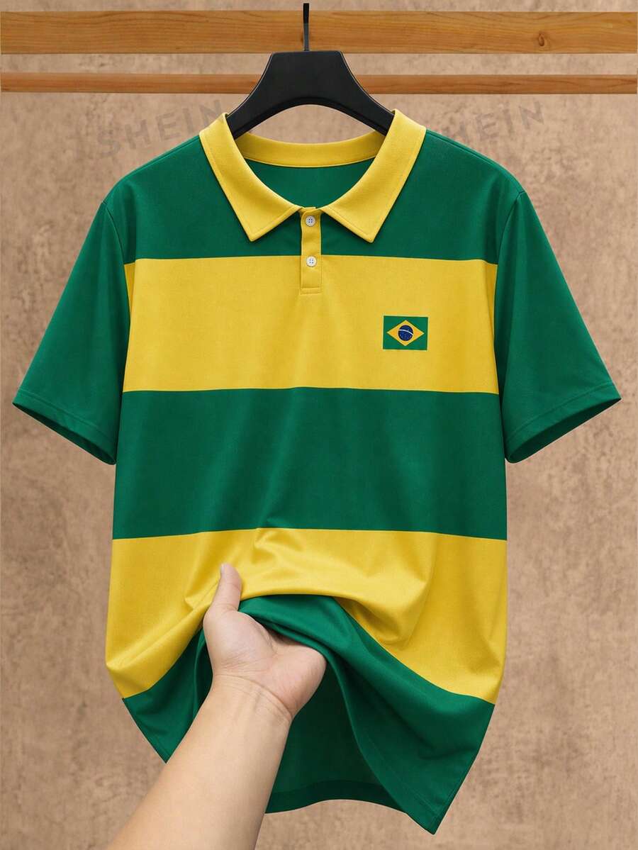 HIMLAND Men's Summer Casual Loose Short Sleeve POLO Shirt Colorblock Plus Size Turn Collar - Multicolor - View 1