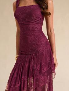 SHEIN BAE Vestido largo de mujer de primavera/verano color albaricoque liso con tirantes finos, cuello cuadrado, de gasa con volantes y abertura alta - Albaricoque - Ver 3