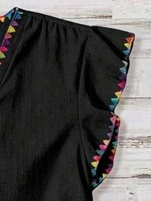 EMERY ROSE Plus Size Women's Floral Bud Embroidered Single-Breasted Cap Sleeve Blouse - Black - View 3