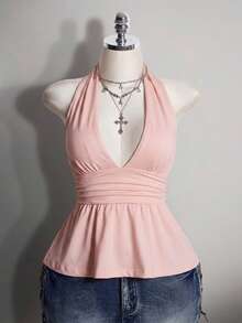 SHEIN ICON 大尺碼掛脖深V領收腰A字露背波點背心，復古Y2K掛脖波點背心，娃娃裝波點掛脖露背上衣 - 粉色 - 查看 4