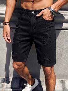 Manfinity Homme Men's Spring/Summer Streetwear Casual Distressed Ripped Straight Leg White Denim Shorts - Black - View 3