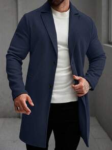 Manfinity Mode Men's Solid Color Pocket & Button Front Long Sleeve Overcoat, Autumn Fall Clothes, Winter - Navy Blue - View 3