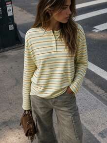 MISSGUIDED Oversized 2000s 70s Striped Long Sleeve Henley Crop Top With Button Detail Horizontal Multi-Color Casual Everyday Autumn Day Time Light Yellow - Multicolor - View 1