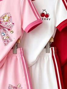 1 Random Item From 3 Young Girls Fashion Versatile Personality Minimalist Diamond Bow Cherry Letter Pattern Short Sleeve T-Shirt And Shorts Set - Multicolor - View 5