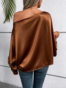 SHEIN 女款素色不對稱肩休閒百搭日常穿著襯衫 - 棕色 - 查看 2