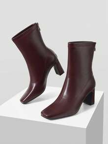 Mnmlis Autumn And Winter New Square Toe Thick Heel Ankle Boots, Versatile Commuting Thin Boots Soft Leather Comfortable Thick Heel Not Tired Feet, French Te Fall Shoes - Burgundy - View 1