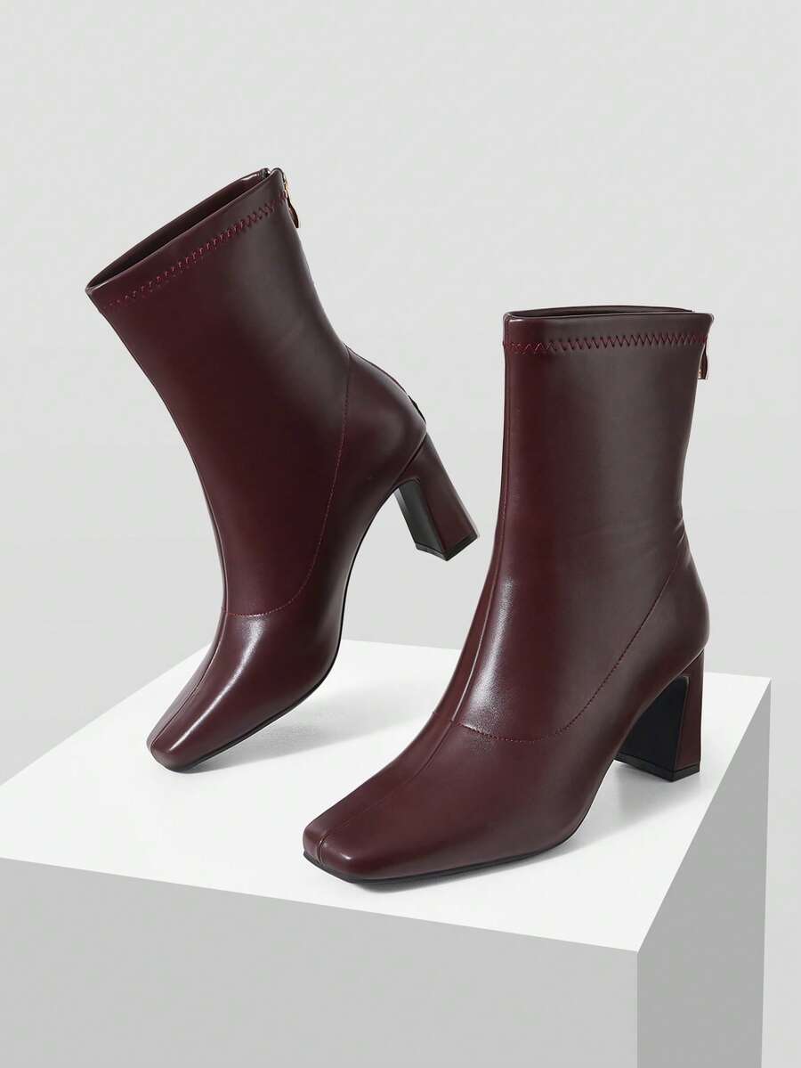 Mnmlis Autumn And Winter New Square Toe Thick Heel Ankle Boots, Versatile Commuting Thin Boots Soft Leather Comfortable Thick Heel Not Tired Feet, French Te Fall Shoes - Burgundy - View 1