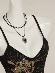 SHEIN ICON Y2K夏季女士外出复古波西米亚风度假闪亮亮片刺绣吊带背心 - 黑色和金色 - 查看 9