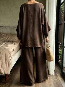 DAZY Spring Summer Women's Loose Fit Shirt Top Loose Flowy White Two Pieces Set - Brown - View 3