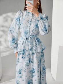 Modelyn Setelan 2 Potong Blus dan Rok Motif Bunga Elegan untuk Wanita - Biru - View 8