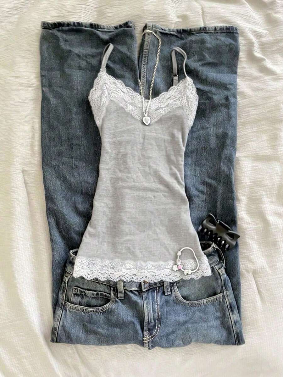 SHEIN 蕾丝拼接修身女式吊带背心 - 淺灰色 - 查看 1