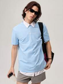 Round Neck Solid Color Summer Knit Printed Short Sleeve Tee, Streetwear Inspired, Couple Things - Blue - View 1