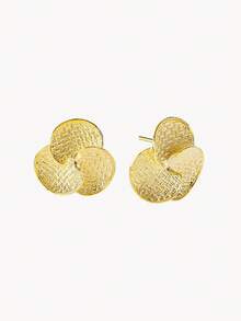Opalesca Gold-Plated Textured Three-Oval Disc Cluster Stud Earrings, Vintage Asymmetric Metal Exaggerated Earrings - Gold - View 5
