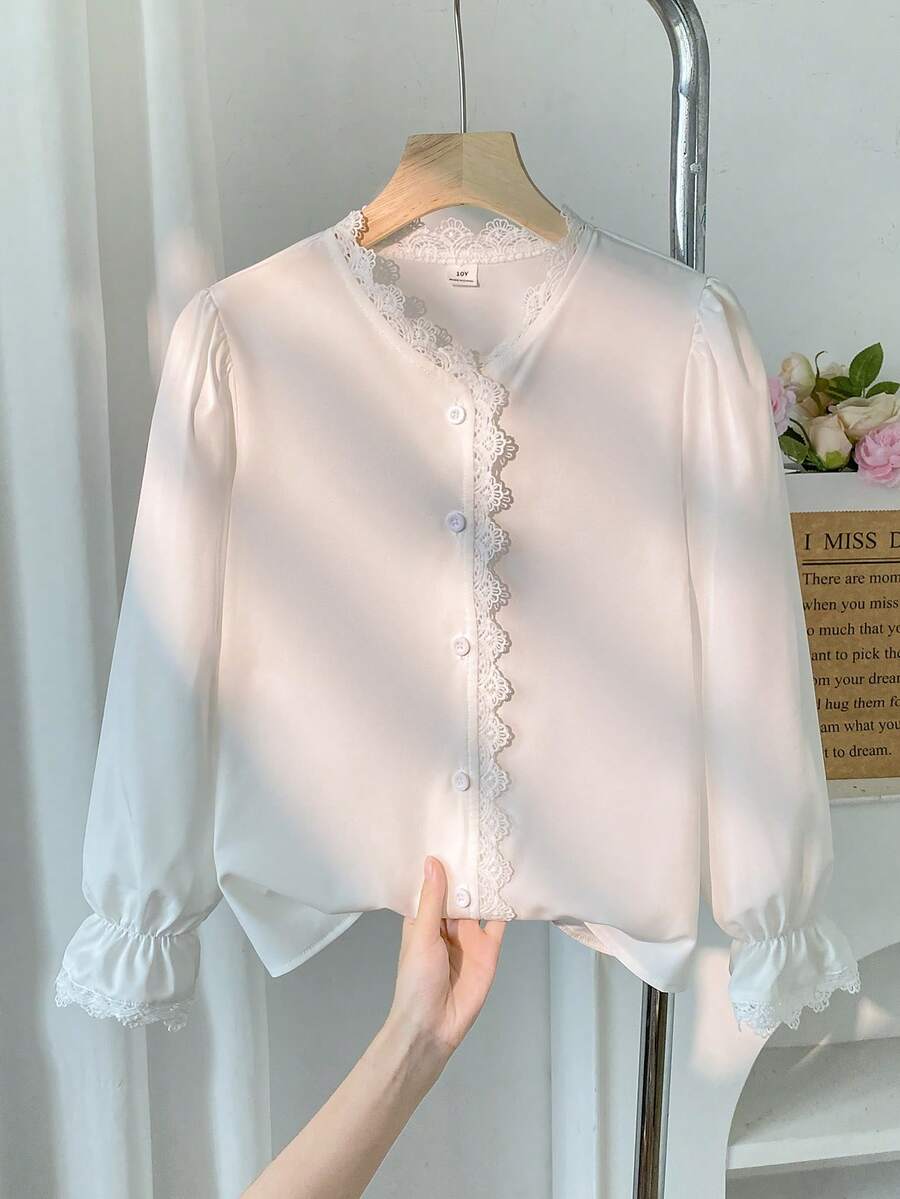 SHEIN 女童白色長袖襯衫,附荷葉領 - 白色 - 查看 1