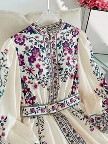 Modelyn Gaun Elegan Lengan Panjang Motif Bunga untuk Wanita - Purple - View 4