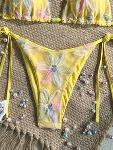 Costavie Swim MOD 兩件式比基尼套裝，春夏度假款，彩色花卉亮片紋理面料，掛脖三角上衣搭配側綁帶比基尼泳褲，性感女款泳衣 - 彩色 - 查看 3