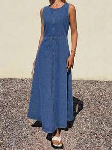 Livesso Women's Autumn Cotton Round Neck Loose Casual Solid Color Button Tie Denim Dress For Vacation And Holiday Vacation Aqua Blue - Blue - View 4