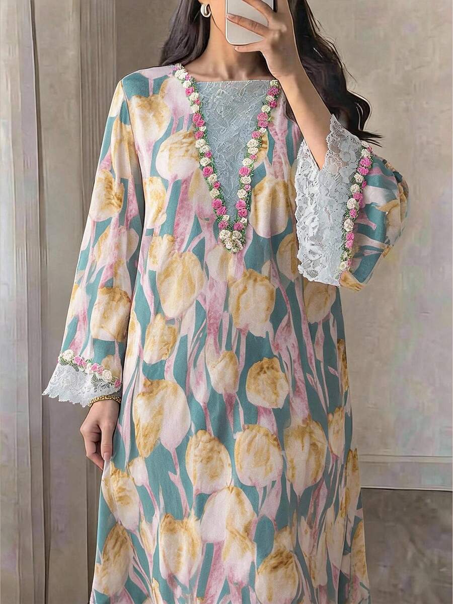 Yasmyna 女款花卉圖案對比蕾絲袖口寬鬆優雅阿拉伯風洋裝 - 彩色 - 查看 1