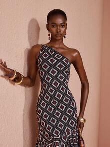JIAN LASALA Mesh One-Shoulder Ruffle Hem Asymmetric Neckline Bodycon Women Long Dress - Multicolor - View 3