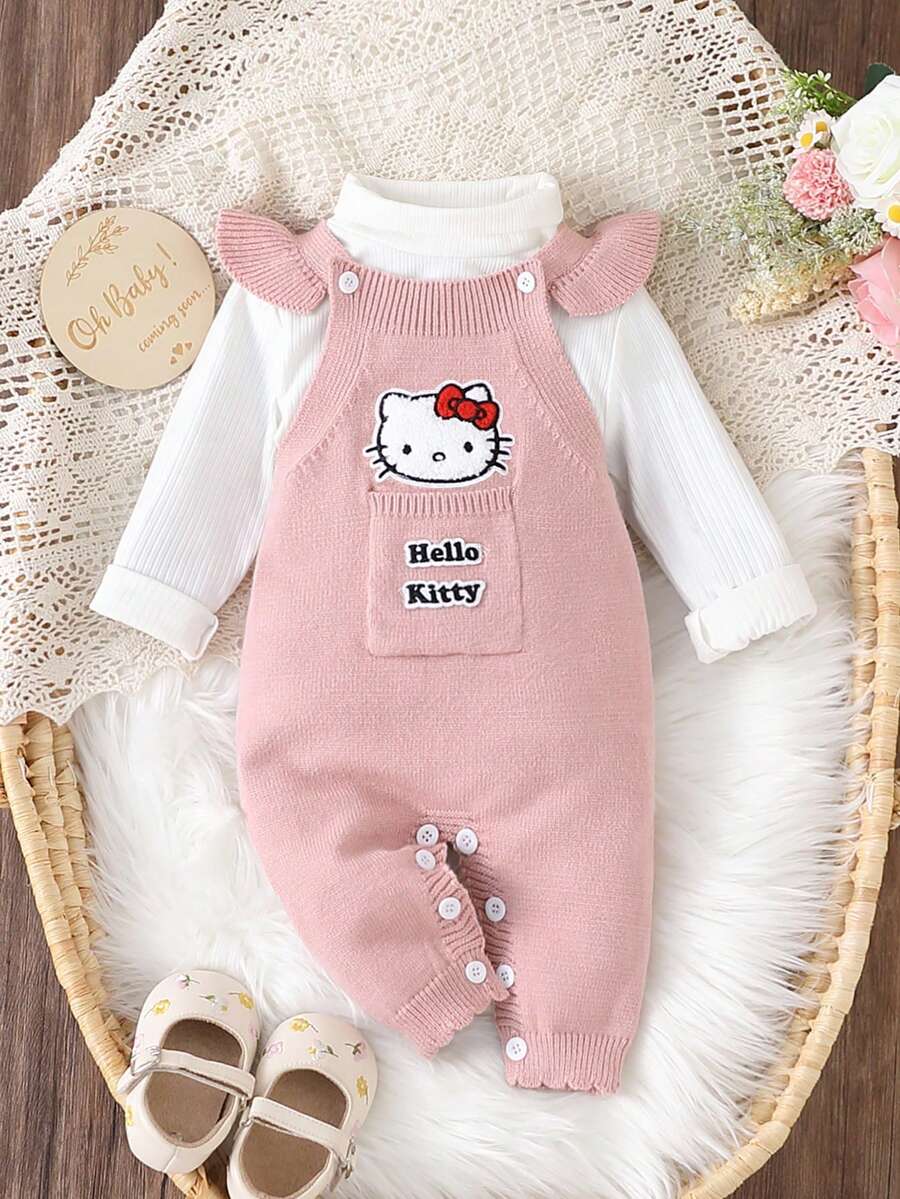 HELLO KITTY AND FRIENDS | SHEIN GraphicGems 女嬰針織連身毛衣爬服,3D毛巾刺繡,粉色舒適柔軟針織連身褲,簡約可愛女士時尚卡通紅米色新生兒爬服,適合春秋冬季外出 - 粉色 - 查看 1