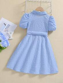 SHEIN Elladie kids Cô Gái Trẻ Kẻ sọc Ống tay áo Đầm Với thắt lưng - Màu xanh lam - Xem 3