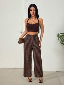 SHEIN PETITE 女款棕色條紋棉混紡直筒長褲：優雅教師褲 - 棕色 - 查看 6