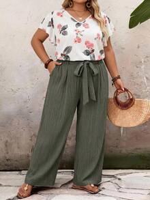 SHEIN CURVE+ Plus Size 2pcs/Set Casual Boho All-Over Print Shirt And Solid Color Pants Summer Outfits For Women Flowy Pants Easter Bohemia Beach Vacation Pink - Green - View 4