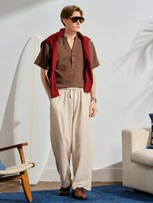 Men's Casual Solid Color Short Sleeve Shirt, Summer, White Linen Beach Top, Casual V-Neck Henley, Hippie Bohemian Style Loose Fit Blouse - Coffee Brown - View 9