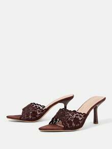 CUCCOO HITCHD 女款刺繡蕾絲尖頭細高跟涼鞋 夏季鞋 - 棕色 - 查看 3