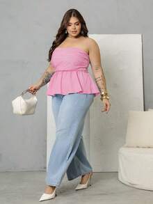 Bibi Tomais Plus Size Women Striped Bandeau Tight Fitted Cropped Top Summer - Hot Pink - View 7