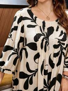 Lacomfia Casual All-Over Print Round Neck 3/4 Sleeve Loose Regular Fit Plus Size Dress For Spring And Summer - 彩色 - 查看 5