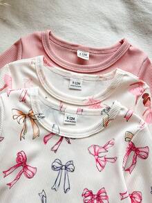 SHEIN Vintaside Kids 女嬰女童春秋多件套裝圓領長袖簡約休閒日常針織羅紋數位印花與素色上衣搭配休閒簡約時尚長褲套裝，適合日常居家休閒戶外公園散步露營度假穿著 - 彩色 - 查看 7