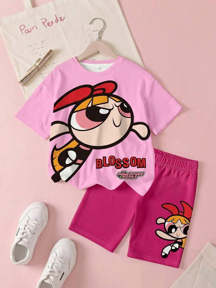 THE POWERPUFF GIRLS X SHEIN Conjunto informal de camiseta de manga corta con estampado de dibujos animados y pantalones cortos para niña joven - Blanco - Ver 1