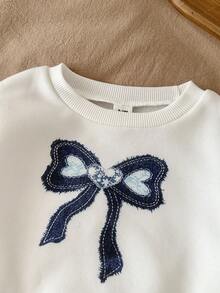 LMoss Kids 女嬰蝴蝶結圖案印花圓領冬季衛衣與牛仔褲套裝，開學季白色藍色秋季可愛寬鬆牛仔褲兩件套 - 彩色 - 查看 5