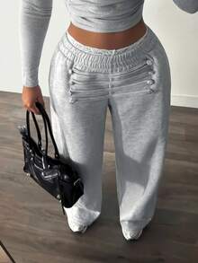 Slaydiva Casual Athleisure Basic Street Napoleon Style Button-Front Women's Long Sweatpants Everyday Work Gray Summer - Grey - View 4