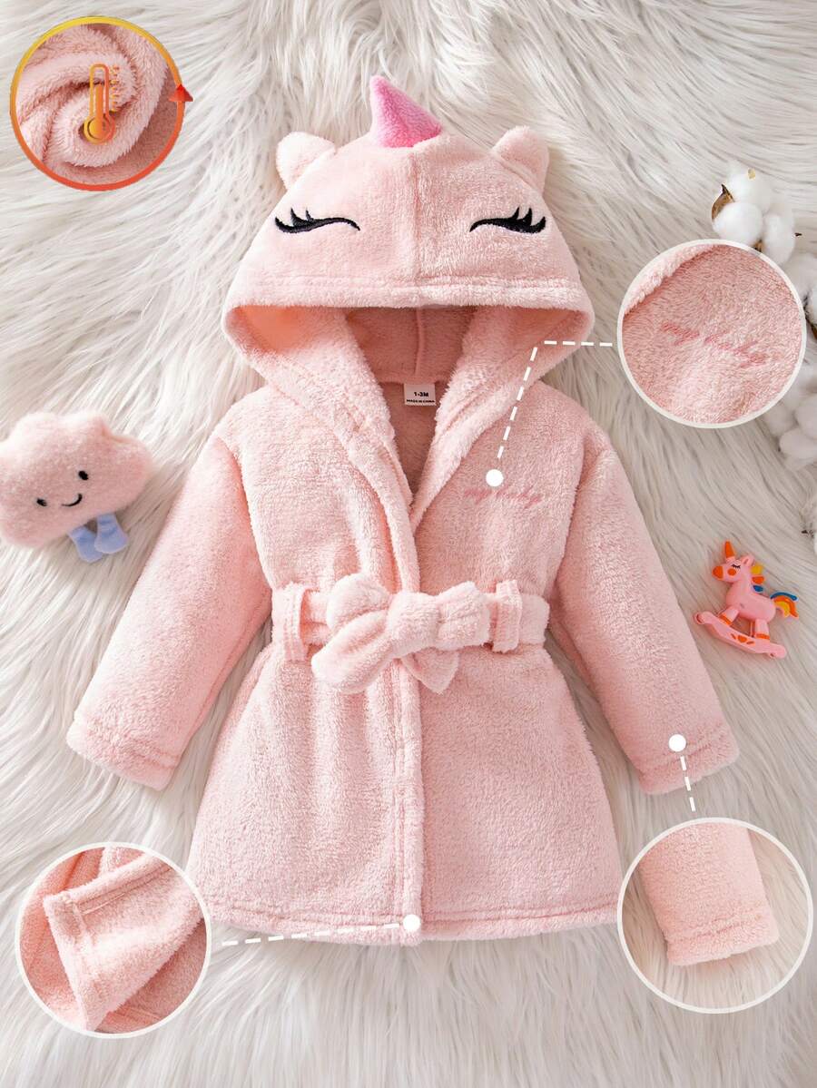 Souflis Souflis 秋冬款新生女嬰長袖毛絨睡衣,獨角獸3D角設計,英文刺繡,熱銷款粉色夢幻居家睡衣 - 粉色 - 查看 1