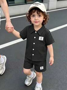 SHEIN Genkimix Kids 小男孩拼接單排扣短袖襯衫與短褲休閒日常兩件套 - 彩色 - 查看 4