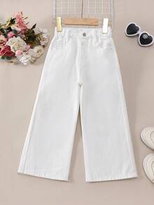 SHEIN 少女 Y2K 牛仔街頭風日常彈力腰直筒牛仔褲，平口袋設計，夏季日常 OOTD - 白色 - 查看 3