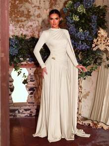 Aureia Elegant Formal Glamorous Elastic Knit Metallic Pleated Decor Round Neck Long Sleeve A-Line Dress With Flutter Sleeves, Suitable For Party Evening - Apricot - View 5