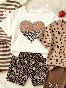 SHEIN Vintaside Kids (Random 3 Sets,Send 1 Set)Baby Girl Glitter Leopard Print Heart Bow Rabbit Flower Striped Pattern Basic Short T-Shirt & Cycling Shorts 2-Piece Set - Multicolor - View 4