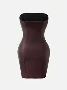 Nuvra Women's Low-Cut Double Layer Tummy Control Shapewear Slip Dress With Lining, Waist Cinching, Butt Lifting Mini Bodycon Dress - Brown - View 2