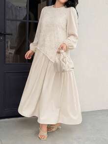 Feyla Plus Size Women's Jacquard Round Neck Pleated Casual Party Dress - Apricot - View 7