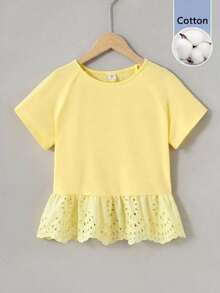 SHEIN KidTween 女孩淡黃色修身落肩袖拼接刺繡蕾絲荷葉邊下擺 T-shirt 舒適針織上衣 - 黃色 - 查看 3