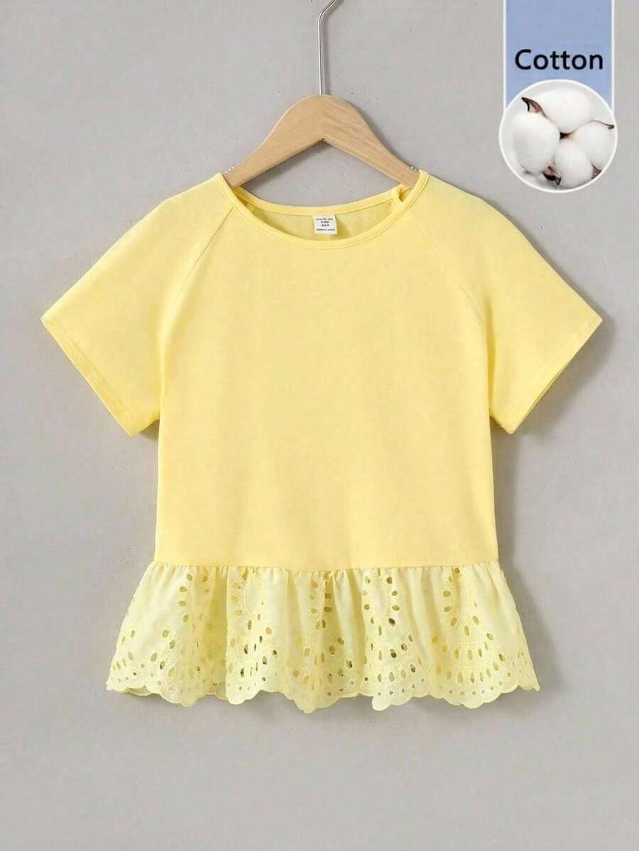 SHEIN KidTween Girl Pale Yellow Fitted Raglan Sleeve Patchwork Embroidered Lace Ruffle Hem T-Shirt Comfortable Knit Top Tween Girl - Yellow - View 1