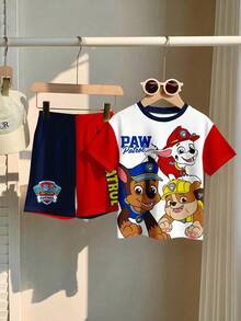 SHEIN | PAW Patrol 小男孩休閒簡約款，柔軟舒適，經典可愛卡通動畫圖案印花，可愛小狗圓領短袖T恤與短褲2件組，適合春夏季 - 彩色 - 查看 5