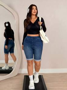 Flexra Plus Size Women's Casual Slim Fit Denim Shorts Trail Ride Navy Blue Summer - Dark Wash - View 6
