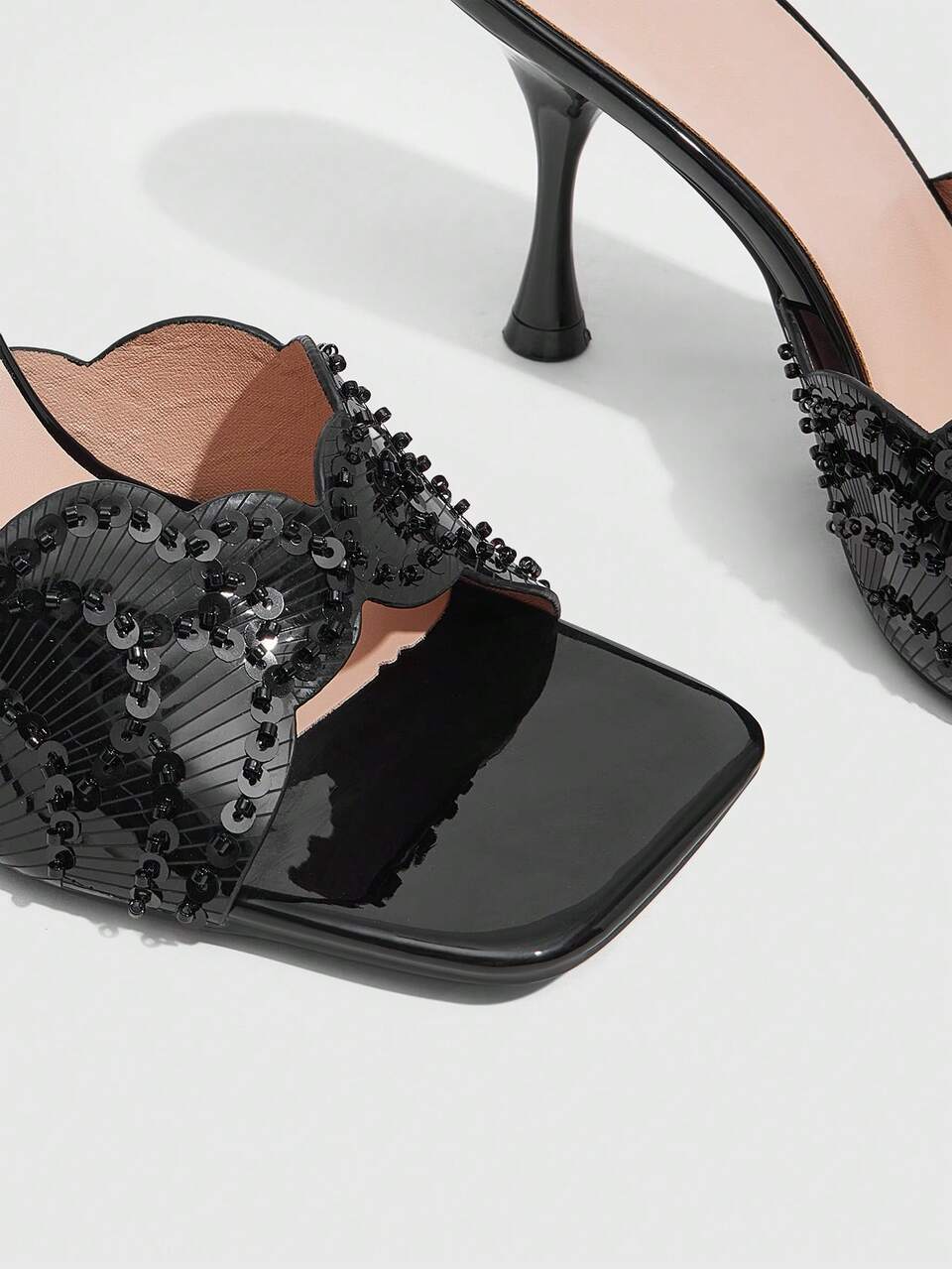 CUCCOO SZL Ladies Black Sequins Embellished Mules Sandals, Square Toe Open-Toe Sneakers, Party Club Dating