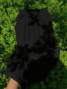 SHEIN PETITE CURVE 大尺碼女款純色極簡抽繩腰鬆身長褲，適合日常穿著 - 黑色 - 查看 6