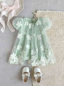 SHEIN Glamorique Kids 女嬰公主洋裝，3D花朵，泡泡袖，綠色薄紗洋裝，生日派對，婚禮節日禮服，舞會洋裝，畢業洋裝，夏季洋裝 - 綠色 - 查看 9