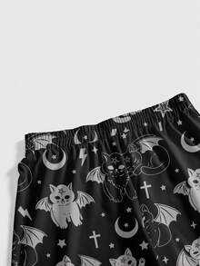 ROMWE Goth 大尺碼女款全印花休閒百搭日常穿著長褲 - 黑色 - 查看 4
